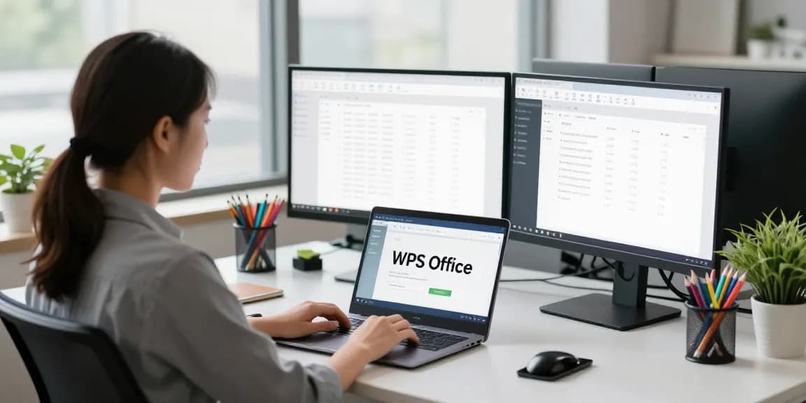 Download WPS Office seamlessly in a modern workspace with dual monitors and natural light.