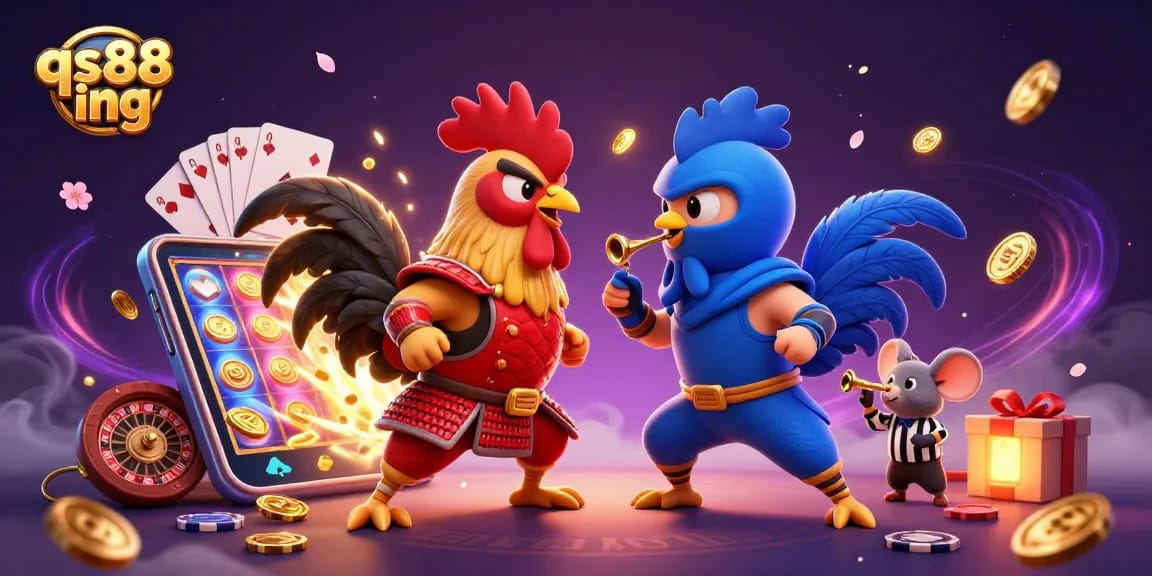 Engage with qs88 ing’s thrilling rooster combat against a backdrop of explosive casino gaming elements.