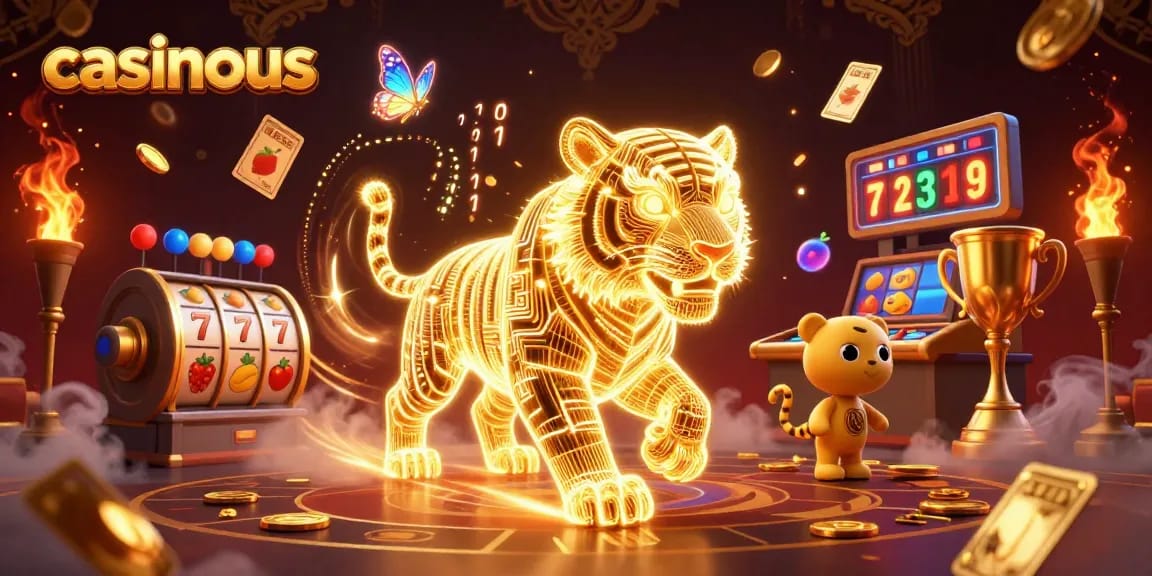 Experience thrilling casino gaming with casinous, featuring a neon tiger among slot symbols.
