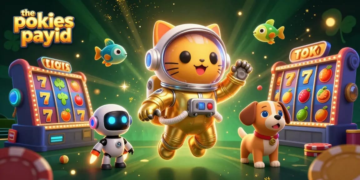 The pokies payid interactive casino scene with astronaut cat and robot dog amidst winning slot reels and colorful elements.