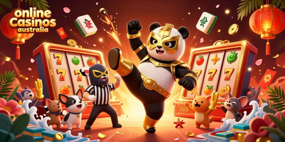 Engage in exciting online casinos Australia with a vibrant wrestling-themed illustration featuring unique characters.