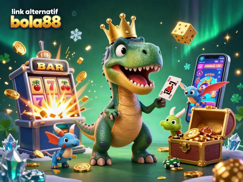 Place bets with link alternatif bola88 in a fun-filled casino scene featuring dinosaurs and games.