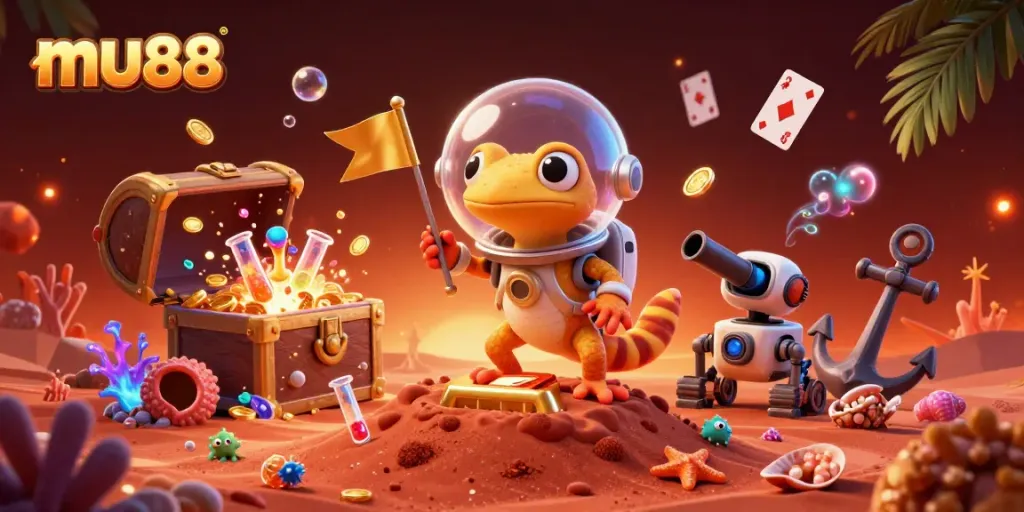 Experience mu88's vibrant atmosphere with 3D cartoon gecko uncovering a hidden casino paradise amidst dynamic treasures.