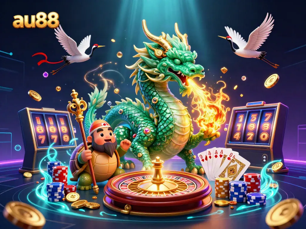 Experience the thrilling action at au88 with a vibrant 3D scene featuring a dragon, turtle, and cranes amid casino elements.