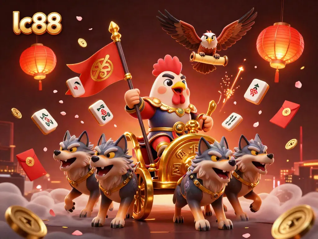 Experience the excitement of lc88 with a dynamic 3D illustration of a rooster warlord and festive elements.