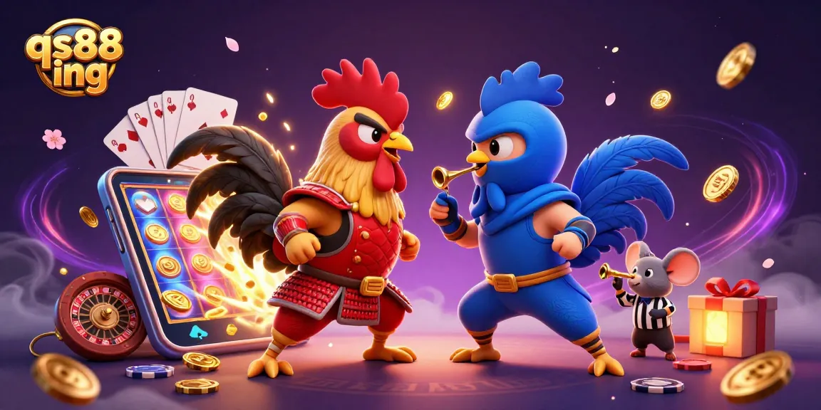 Engage with qs88 ing’s thrilling rooster combat against a backdrop of explosive casino gaming elements.