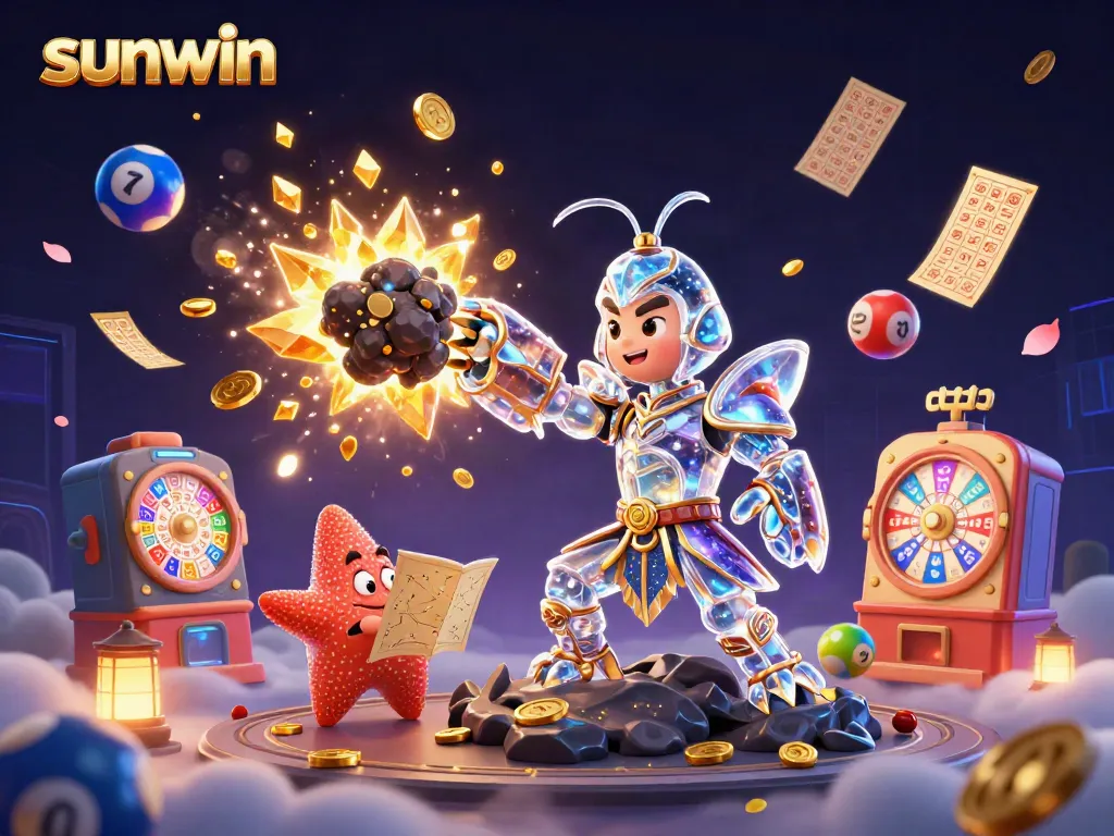 Experience thrilling gameplay with sunwin as a galactic mantis shrimp battles an asteroid, surrounded by colorful casino elements.