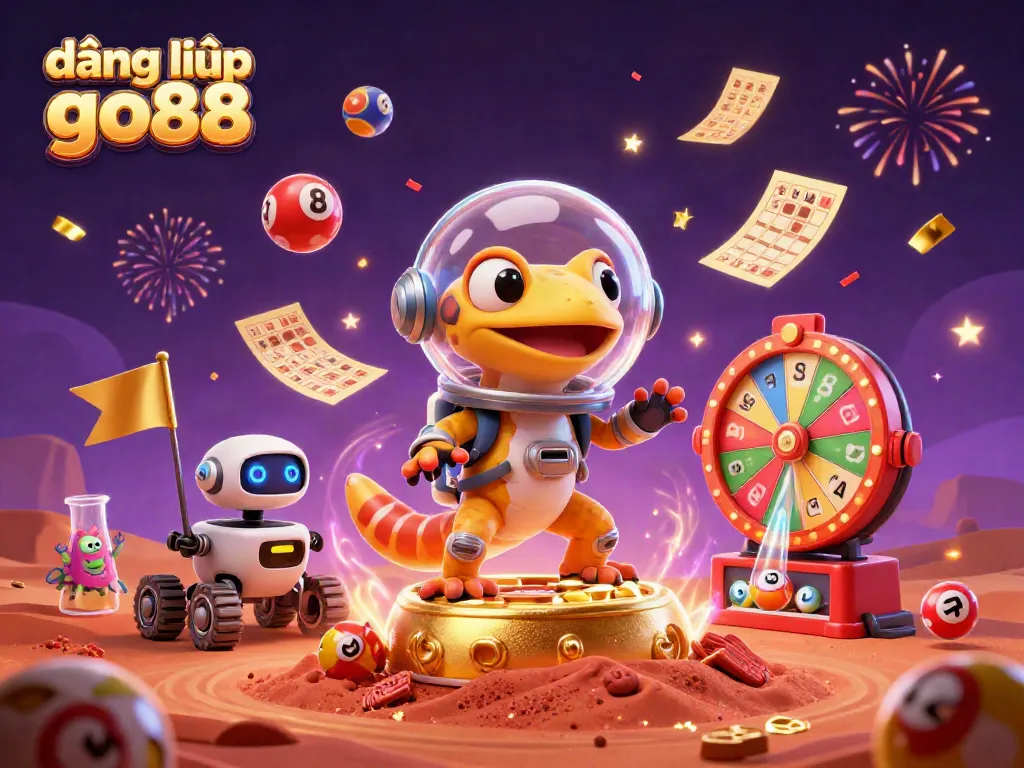 Experience the excitement with đăng nhập go88, as Martian gecko explores a golden casino amidst vibrant celebration elements.