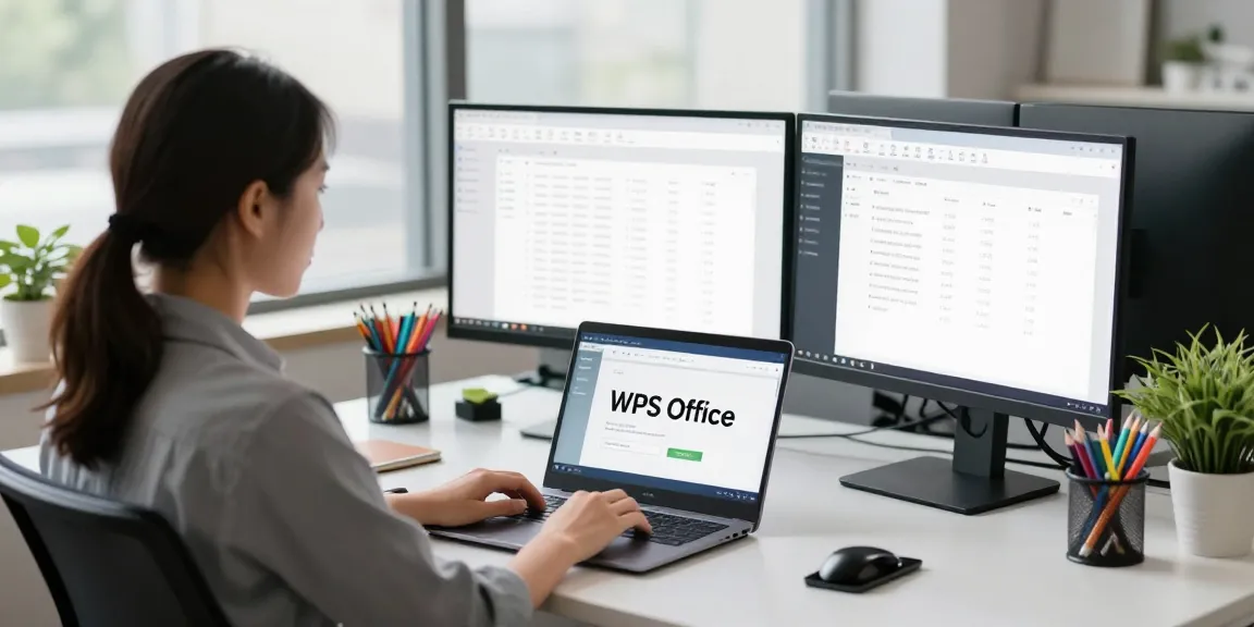Download WPS Office seamlessly in a modern workspace with dual monitors and natural light.
